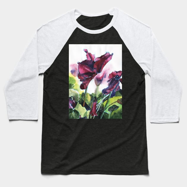 Cyclamen watercolor, pink flowers Baseball T-Shirt by Olga Berlet